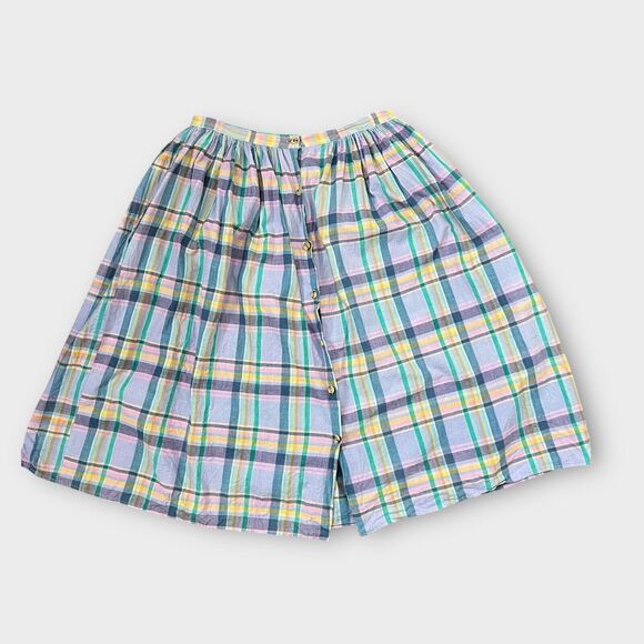 Vintage 80s Pastel Button Front Plaid Cotton Pleated Midi Skirt Size 8/10 Med. - Picture 1 of 6